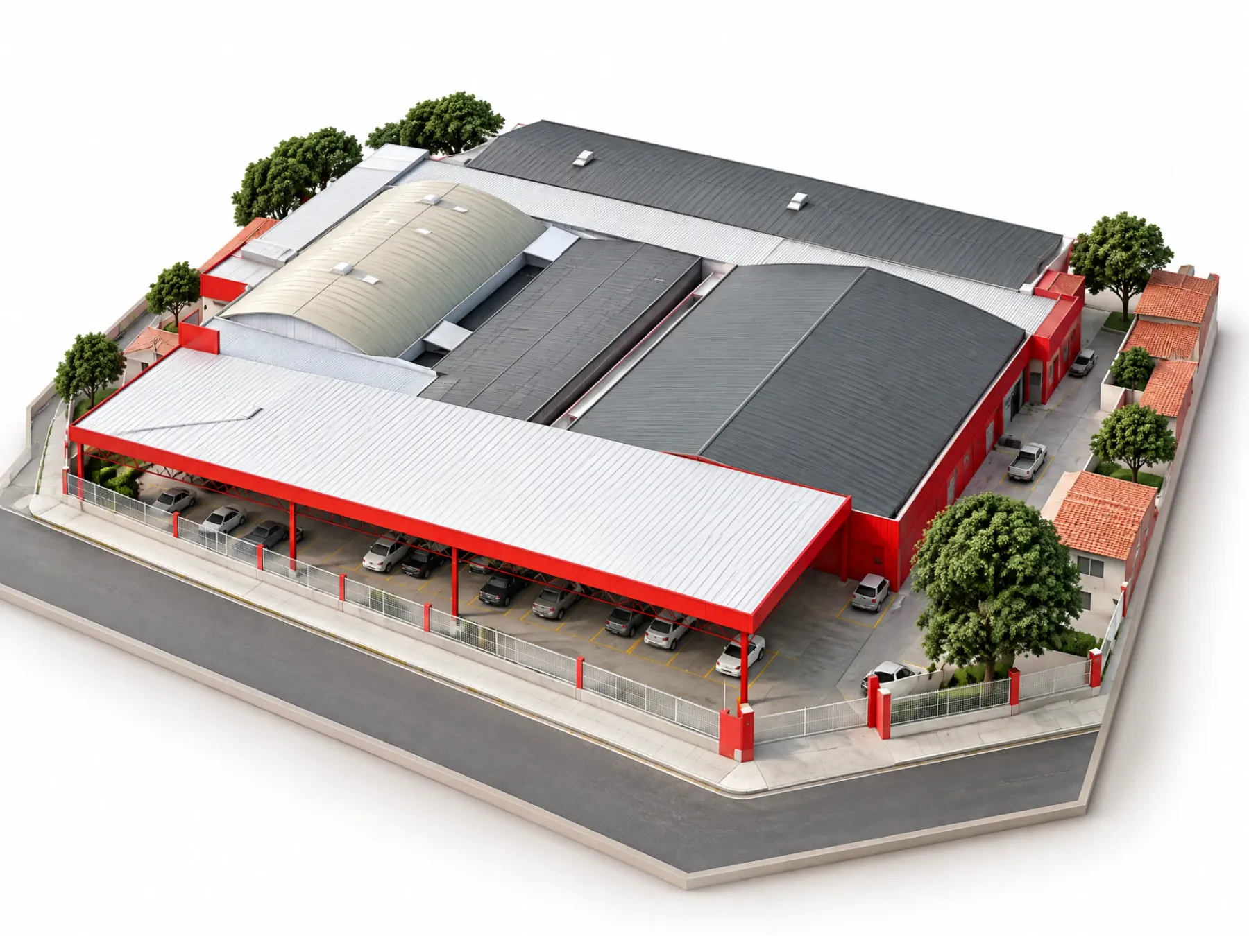 Maquete 3D do Torra Atacadista vista de cima, com o galpão, a cobertura vermelha e o estacionamento