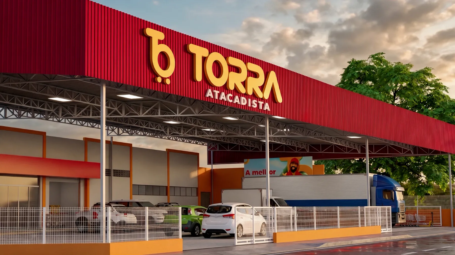 Letreiro do Torra Atacadista na cobertura vermelha da loja de Messejana